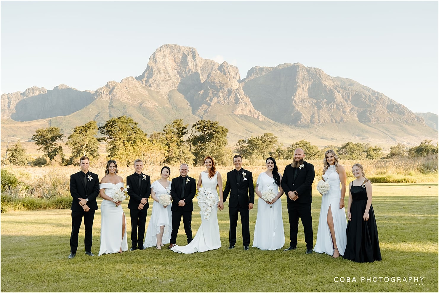 wedding at boschendal - bridal party in black and white