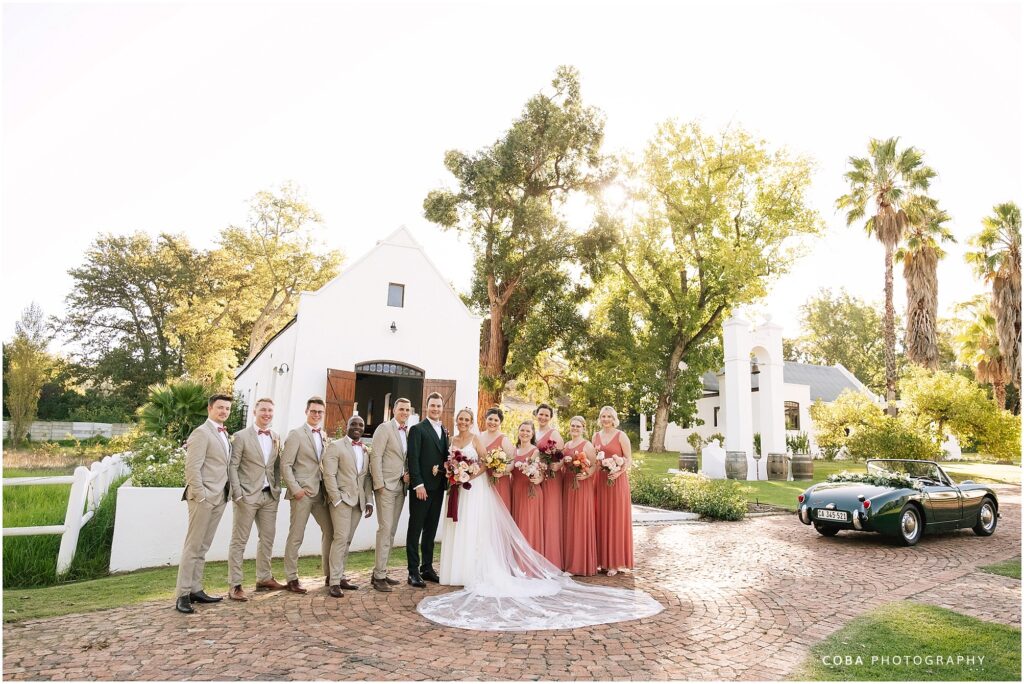 wedding at zorgvliet - bridal party in front of chapel