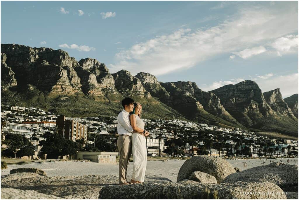 Romantic engagement beach photos at golden hour in Cape Town