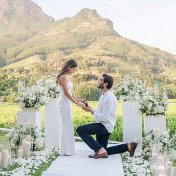 Emotional surprise proposal at Banhoek Lodge captured by Coba Photography as Abhi asks Sangeetha to marry him.
