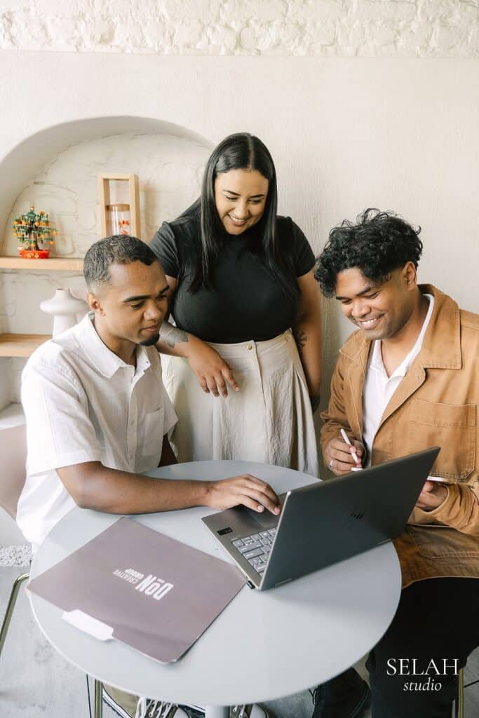 The Don Creative team collaborating on a project for a content creation shoot captured by Selah Studio