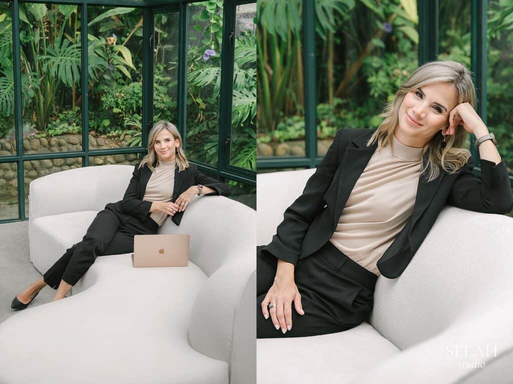 female entrepreneur relaxing on couch for branding photos at Glasshaus in Paarl by Selah Studio